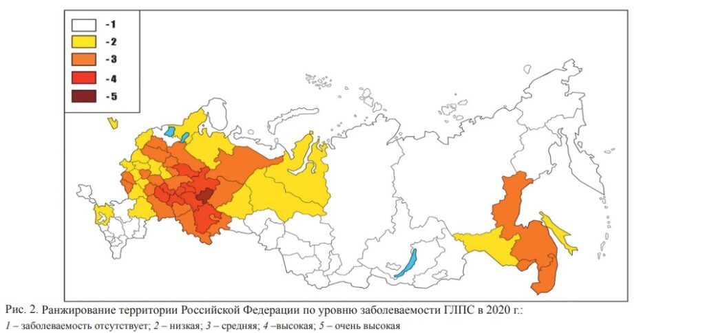 анжирование территории Российской Федерации по уровню заболеваемости ГЛПС в 2020 г